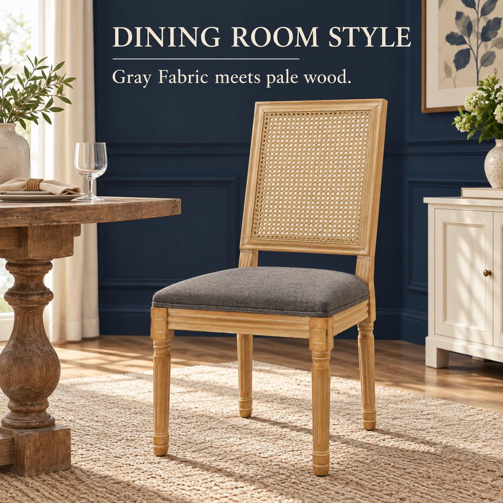 Vintage French Country Dining Chairs Set of 4, Rattan Dining Chairs with Solid Wood Legs, Gray Upholstered Chair with