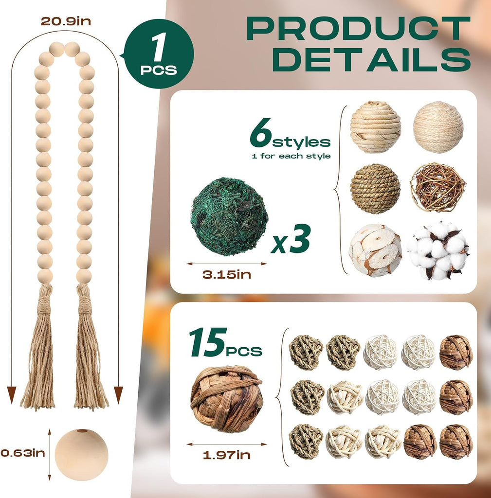 3.15 and 1.97 Inch Decorative Balls, 20.9 Inch Garland Wood Beads Rattan Wicker Balls with Spheres Orbs Filler - Set of 25