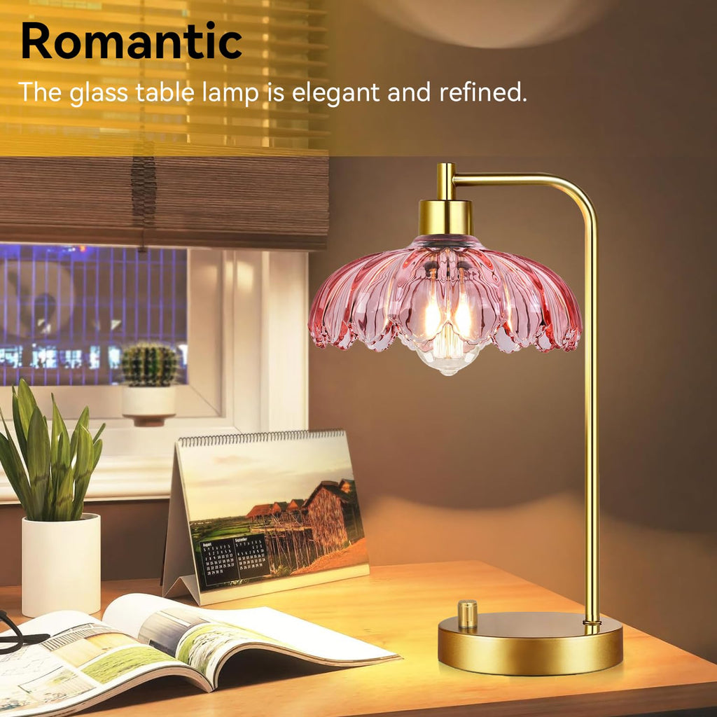 Pink Table Lamp Set of 2, Small Gold Bedside Lamps Dimmable Boho Bedroom Lamp with Tulip Flower Glass Lamp