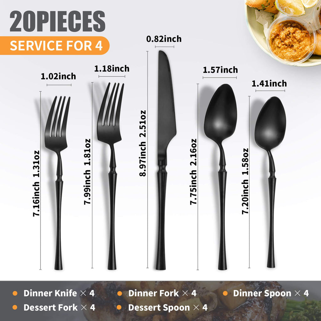 20 Piece Matte Black Silverware Set,18/10 Stainless Steel Flatware Set Service for 4,Unique Cutlery Set with Canton