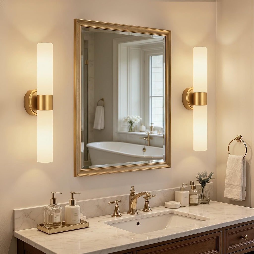 Hardwired Wall Sconces Set of Two, Modern Bathroom Sconces Wall Lighting with Milky White Glass, Brushed Gold Sconces