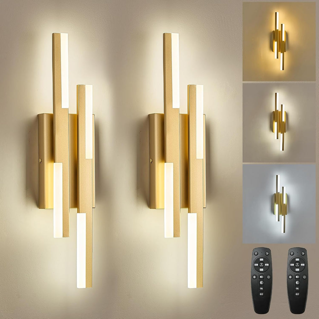 Modern LED Vanity Lights Set of 2, Gold Wall Sconce with Remote Control Dimmable Indoor Wall Light Bedside Remote