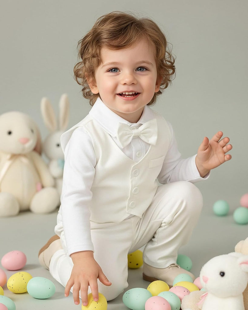Baby Boy Clothes Suit Tuxedo Baptism Outfit Christening Top+Suspenders Pants+Vest+Bow Tie 5PCS
