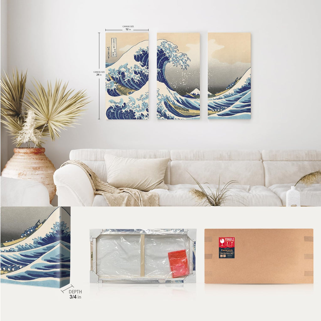 The Great Wave off Kanagawa, Hokusai 3 Piece Canvas, 36x24''