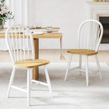 White Windsor Dining Chairs Set of 2, Farmhouse Wooden Dining Room Chairs with Spindle Bow Back, Modern Cottage Style Kitchen Chairs, Oak
