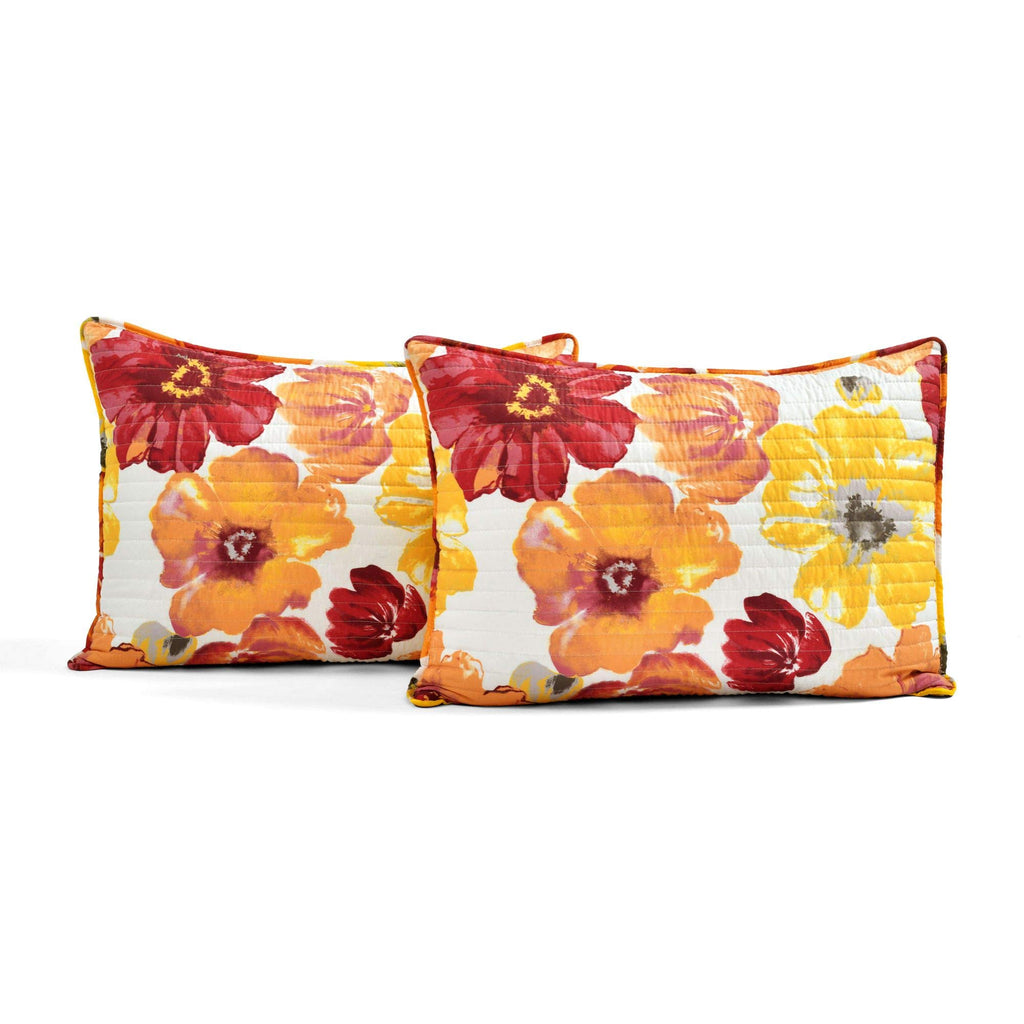 Leah Reversible Floral Quilt Set, 3 Piece Set, Red & Orange - Watercolor Botanical - Cottage Core - French