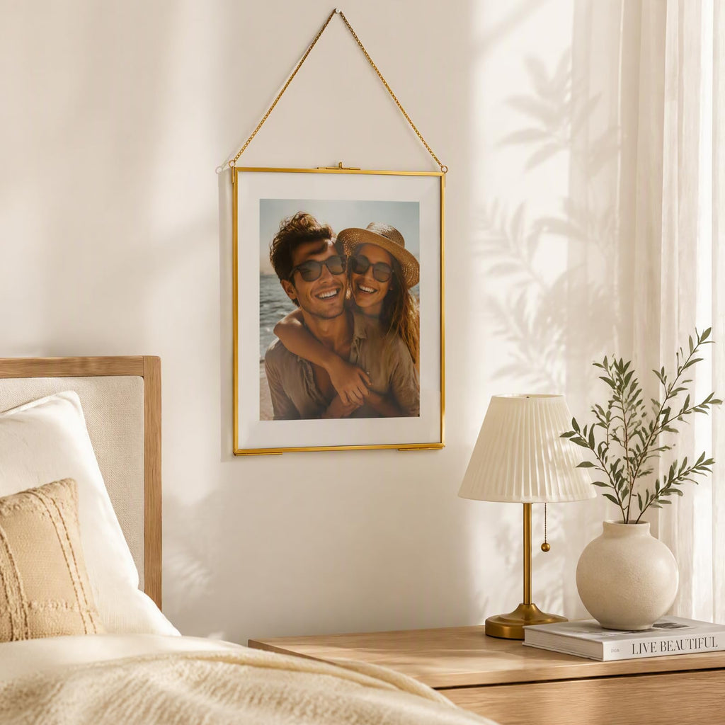 Brass Hanging Photo Frame, 11x14 Inch Double Glass Floating Display for Pressed Flowers, Large Picture Artwork