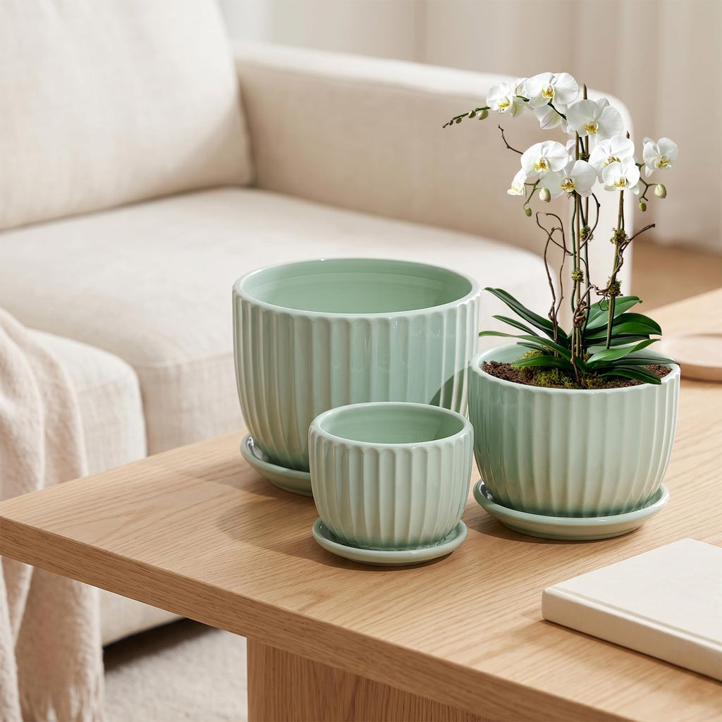 Flower Pots, Ceramic Plant Pots with Drainage Holes Set of 3(Light Green)