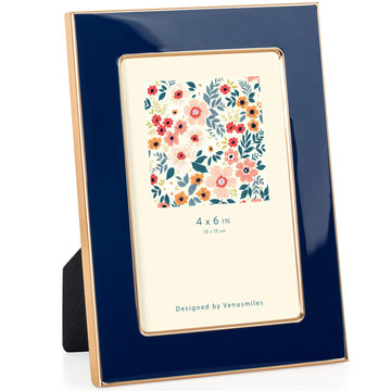 4x6 Enamel Picture Frame, Gold Edge, Navy Blue Enamel, Tabletop, 1pc