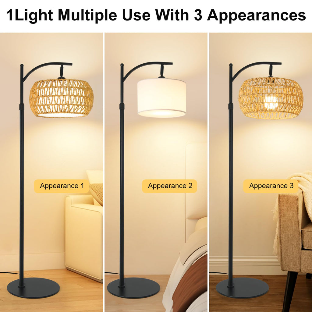 Black Boho Rattan Floor Lamp with Shade - Dimmable 12W LED, Remote & 3 Color Temps, Handwoven Arc Standing Light