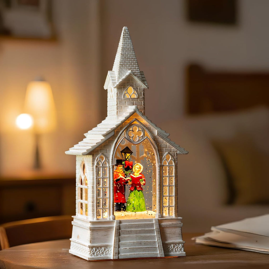 Christmas Snow Globe Lantern Musical Carolers Lighted Water Church, USB Lined/Battery Operated Lighted Lantern