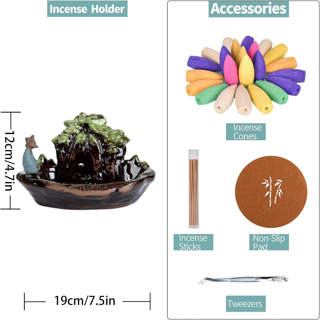 Guilin Landscape Backflow Incense Burner, Handmade Ceramic Waterfall Incense Stick Cone Holder with Incense - Set of 20