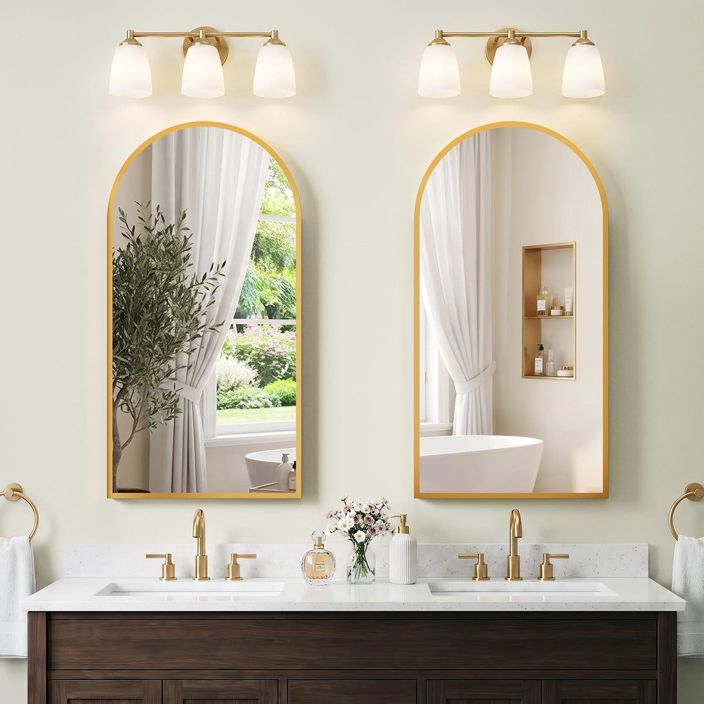 Arched Recessed Medicine Cabinet with Mirror, Bathroom Mirror Storage, Gold