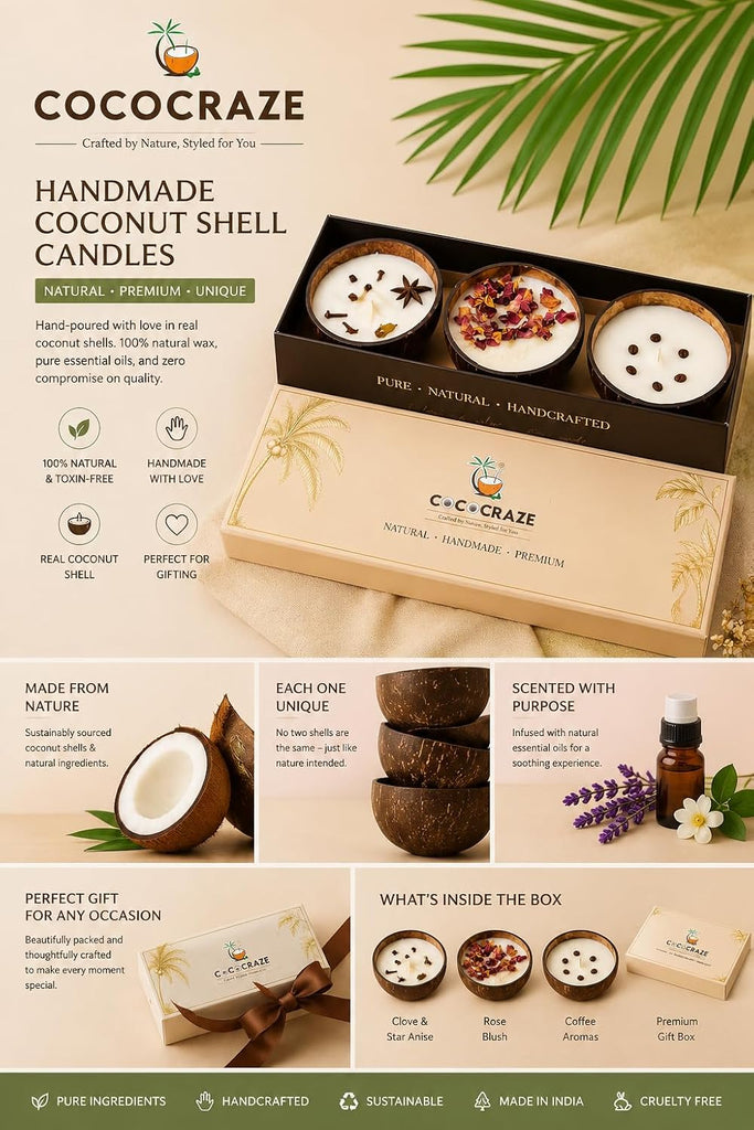 Coconut Shell Scented Candle Set, Roasted Coffee, Dark Rose, Apple Cinnamon, with Real Botanicals, Gift - Set of 3