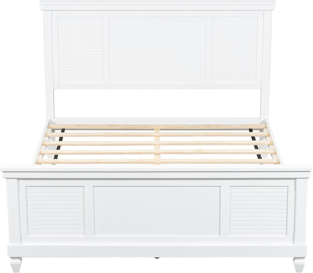 Queen Bed Frame with Wood Headboard, Farmhouse White Platform Bed Frame with Sturdy Wooden Support Slats, No Box