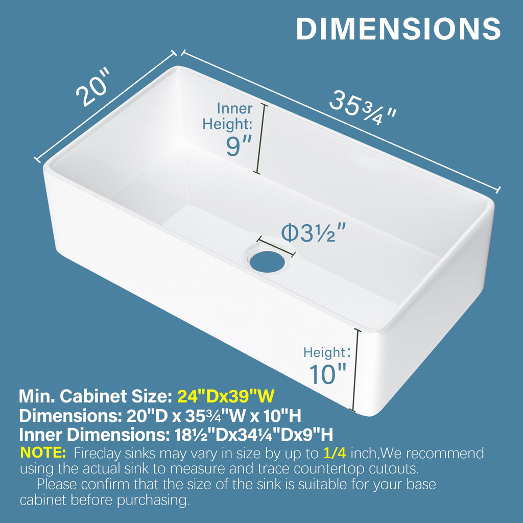 36" x 20" Fireclay Apron Front Farmhouse Sink White