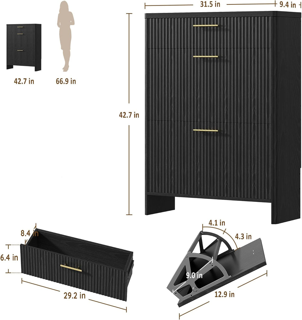 Fluted Shoe Storage Cabinet , Narrow Wooden Shoe Cabinet with 2 Flip Drawers & Pull-Out Drawer, Modern Freestanding