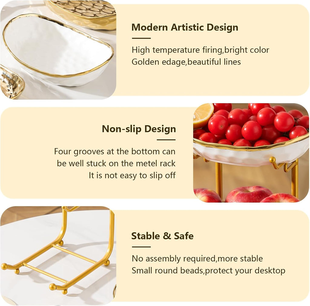 3 Tier Fruit Bowl Ceramic Metal Stand Tiered Serving Tray White
