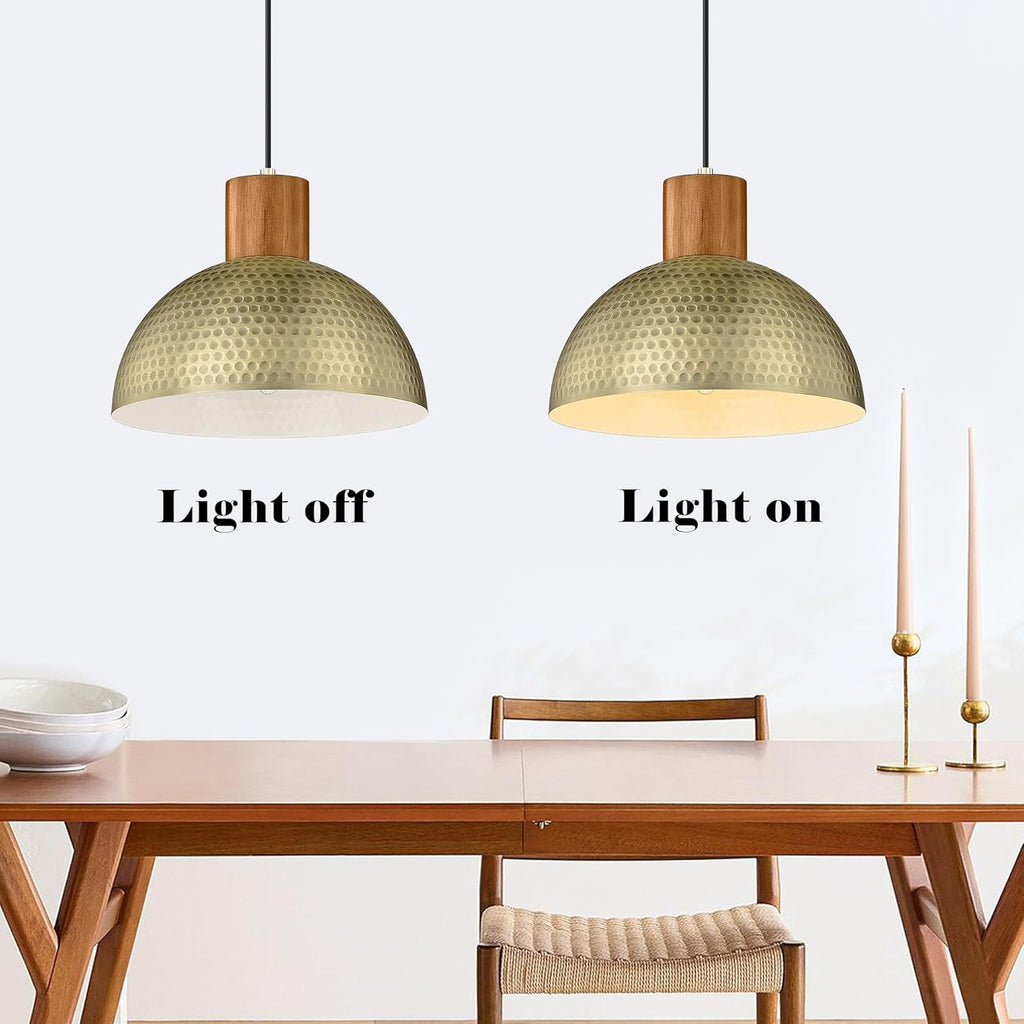 Vintage Pendant Light Fixtures, 12" Brushed Brass Hammered Metal & Rubber Wood Industrial Dome Hanging Lamp, Antique