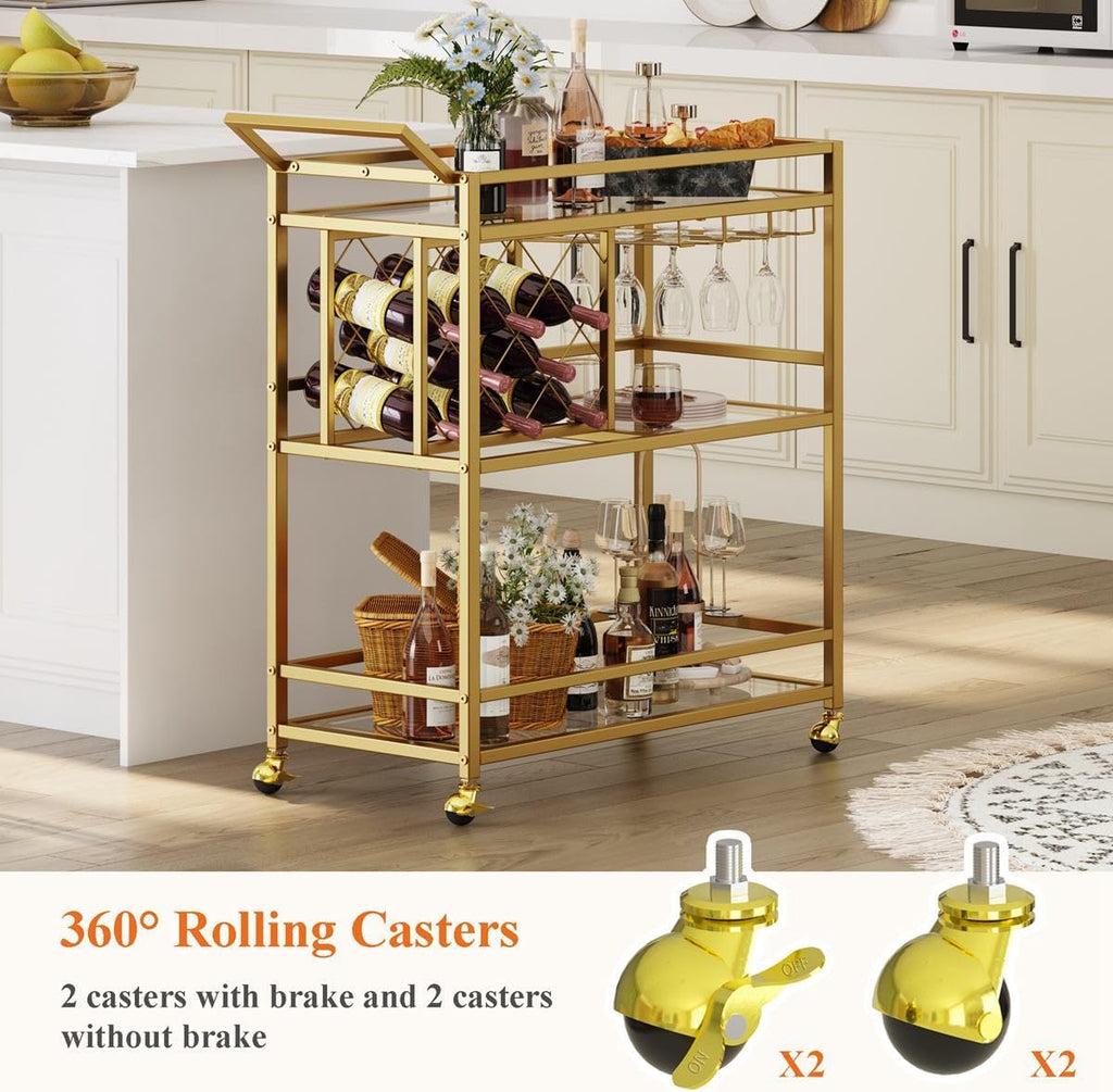 Bar Cart Gold, Home Bar Serving Cart with Wine Rack and Glasses Holder, Wine Carts on Wheels with 3 Tier Mirrored