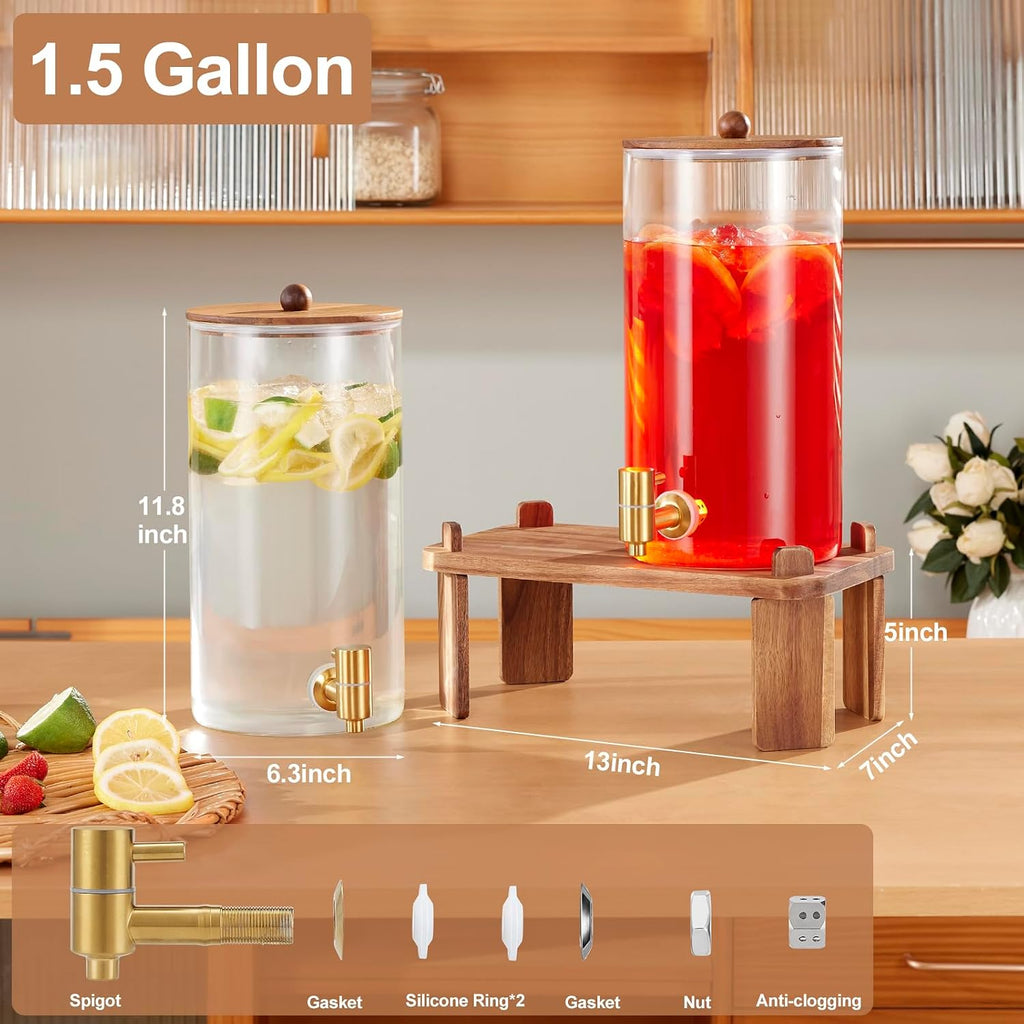1.5 Gallon Drink Dispenser: 2P Glass Dispenser w/Wood Stand - Set of 2