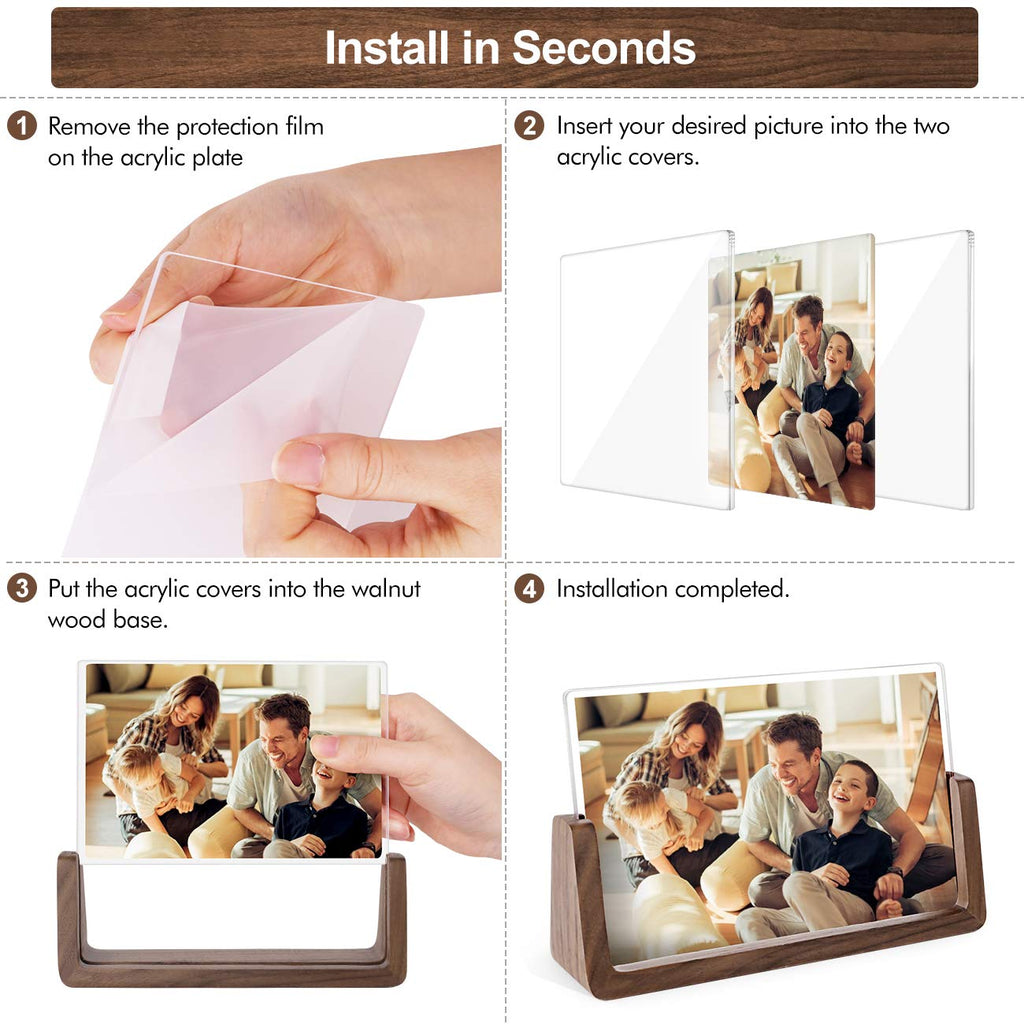 4x6 Picture Frame 2 Pack - Rustic Wooden Picture Frames with Walnut Wood Base and High Definition Break Free Acrylic