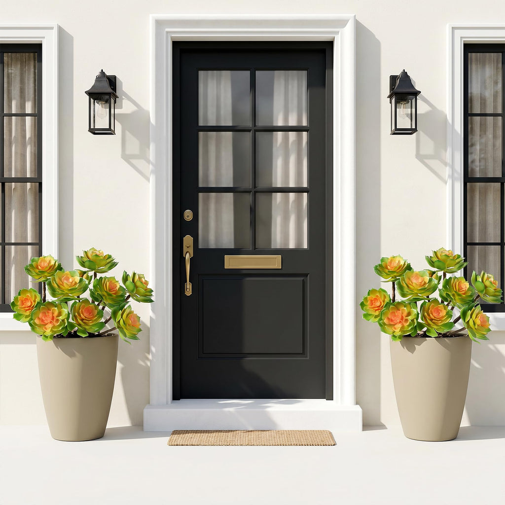 2 Pcs Large Artificial Succulent Plants, 14.2-Inch Green Orange Rounded Rosettes, 3 Heads Each, UV-Resistant Unpotted