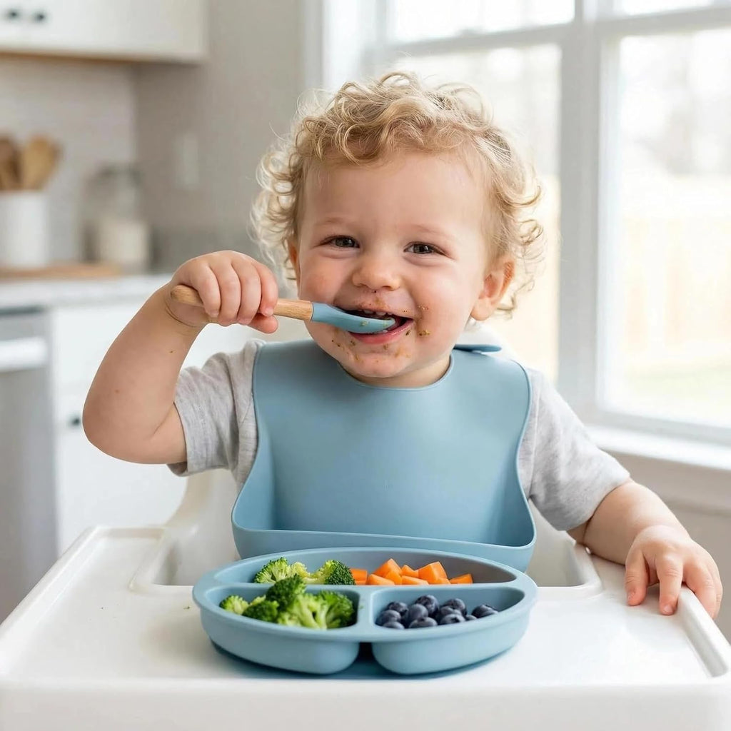 Feeding Set, 9 Pieces with Suction Bowl, Divided Plate, Sippy Cup, Bib, Spoons, Forks, Sage Green, BPA Free (Blue)