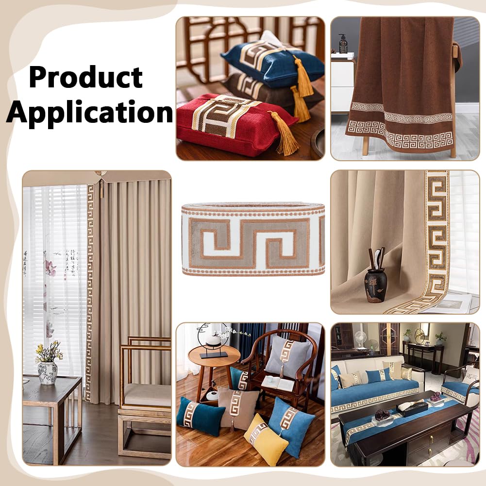 Embroidered Drapery Trim 3-3/4 inch Wide Polyester Jacquard Grid Ribbon Tan Color Drapery Trim for Curtain