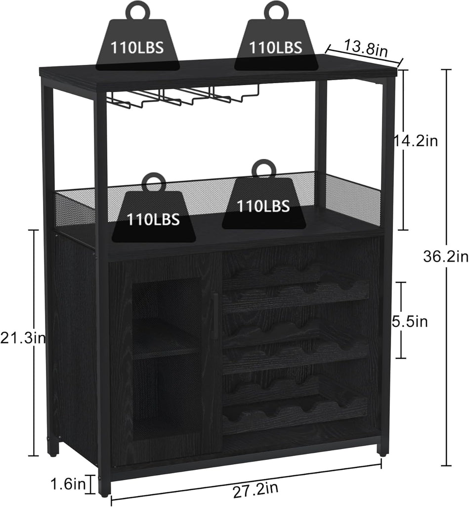 Vintage 3-Tier Wine Bar Cabinet-Small Buffet Sideboard with Adjustable Shelves,Glass Holders,Mesh Door &