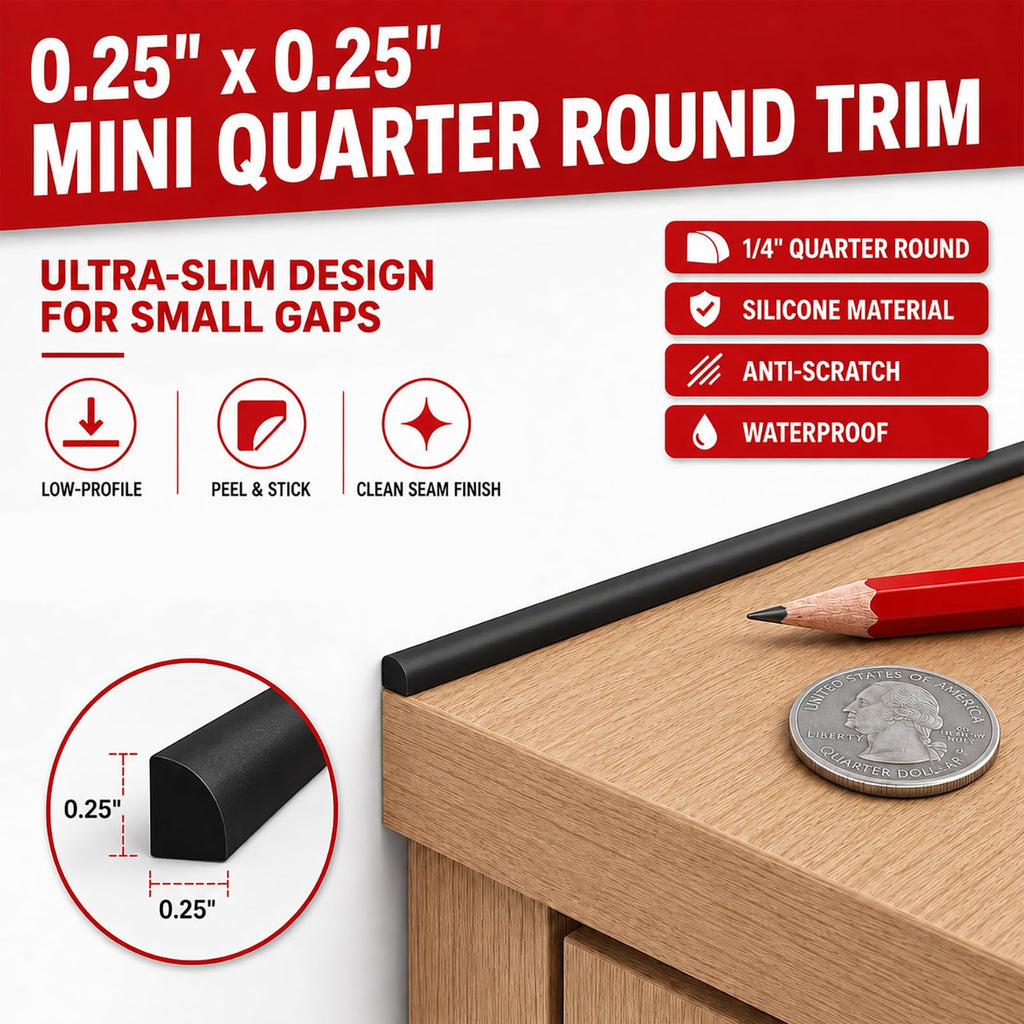 0.25" x 0.25" Mini Quarter Round Molding,10FT Self Adhesive Flexible Trim for Small Gaps, Countertop Wall Seam
