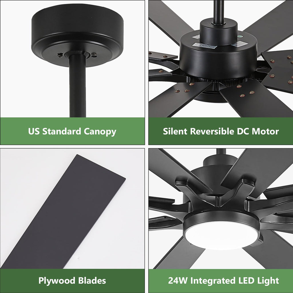 72 Inch Large Industrial Ceiling Fan with Light and Remote, Matte Black Outdoor Ceiling Fans DC Motor with 8 Plywood