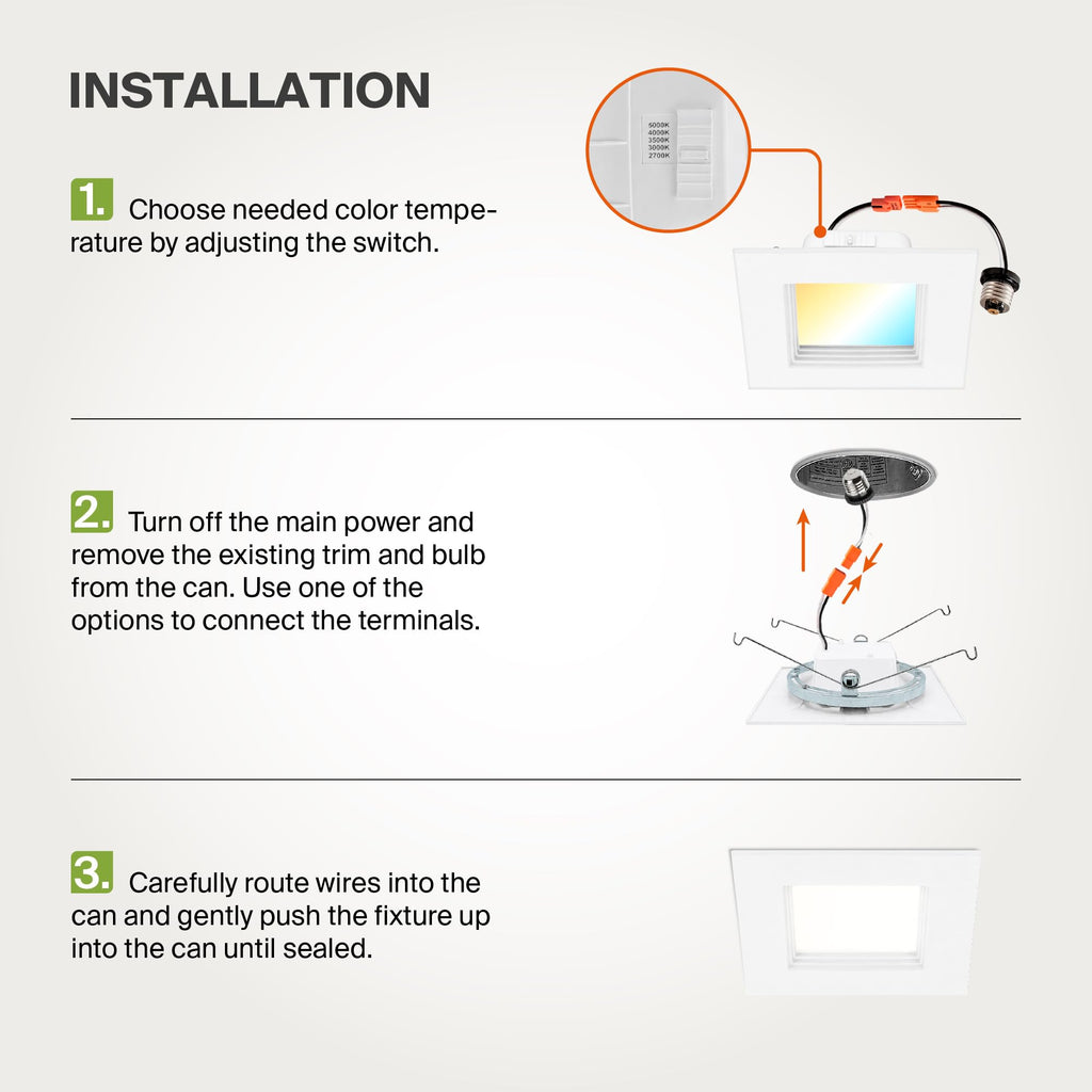 LED Retrofit 6 Inch Recessed Lights - Square 12W 1050LM 2700-5000K LED Recessed Lighting 6 Inch, Wet Rated Dimmable