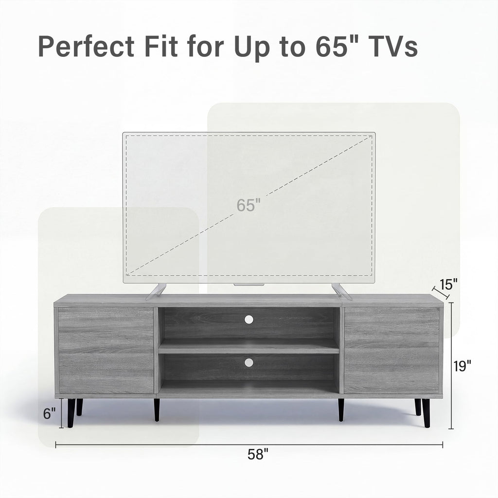 58 Inch Mid-Century Modern TV Stand with Storage, Gray