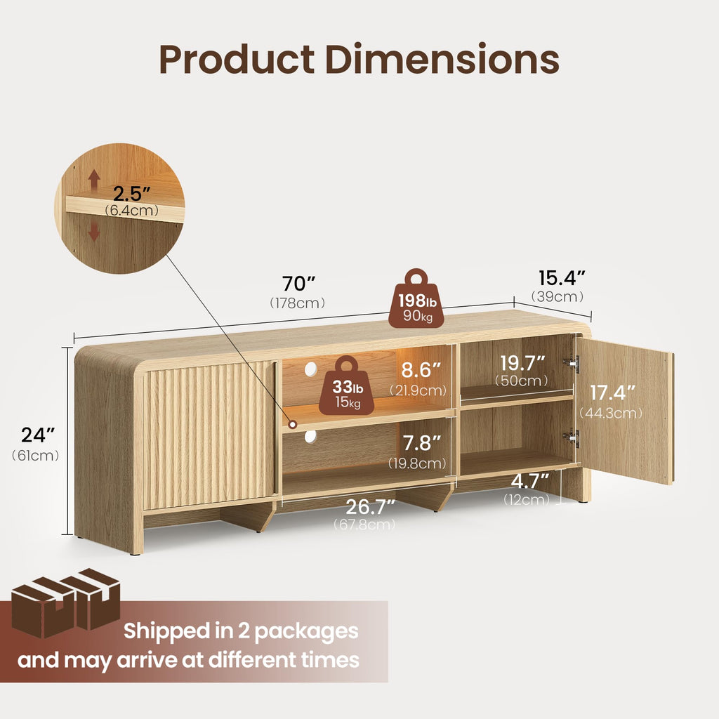 70" Fluted TV Stand with LED Light for TV up to 80", Natural Oak
