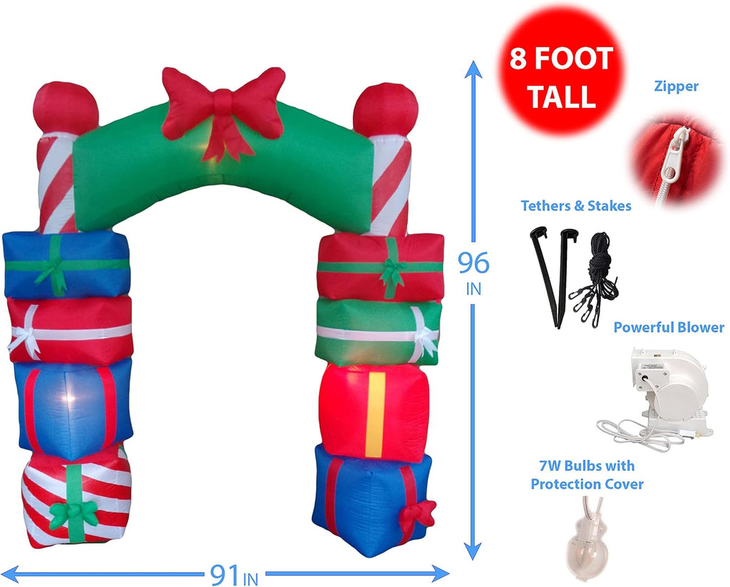 8 FT Tall Lighted Christmas Inflatable Stacked Colorful Gift Boxes Archway