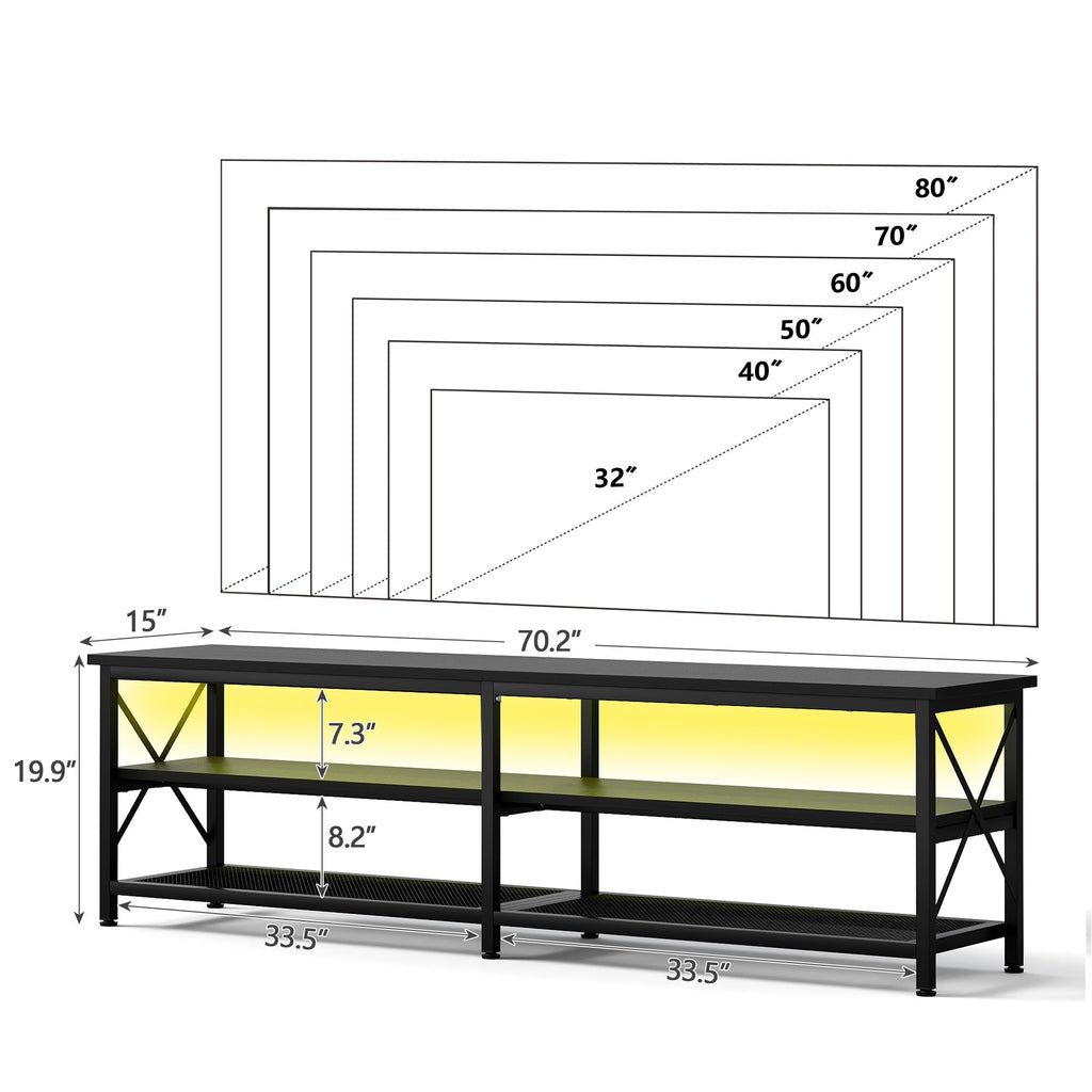 Modern 71 inch Metal TV Stand with LED Lights for 50 55 60 65 70 75 80 Inch TVs, 3 Tier Television Stands with