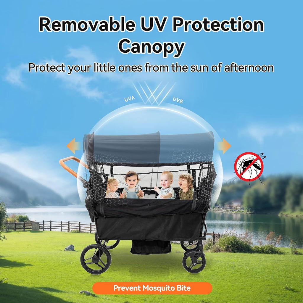 Stroller Wagon for 4 Kids Seated-Tandem Push-Pull Travel Stroller
