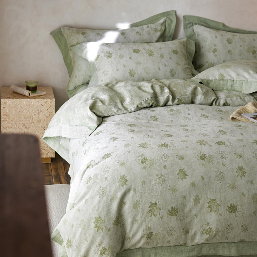 Yarn-Dyed Jacquard Duvet Cover Queen, Green Botanical Leaf Print 3-Piece Bedding Set with Wide Edge Piping, Soft