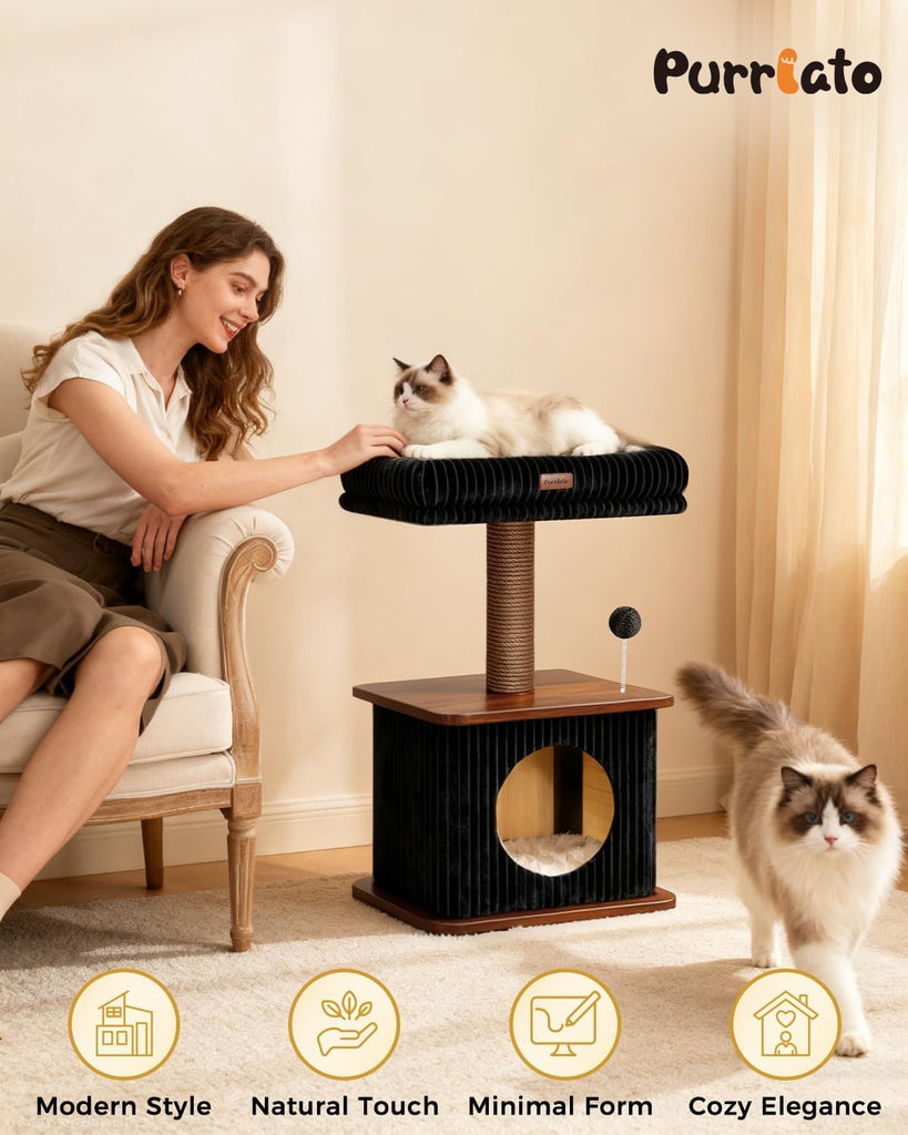 30" Small Cat Tree, Wood Cat Tower with Sisal Scratching Posts