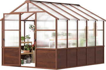 8x10ft Outdoor Greenhouse, Wooden Frame Polycarbonate Greenhouse with Adjustable Roof Vents and Lockable Door Handle