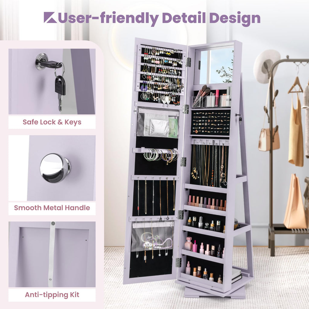360 Rotating Jewelry Armoire Cabinet, Standing Jewelry Organizer w/Full-Length Mirror & Large Storage Space, Lockable