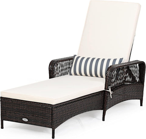 PE Rattan Chaise Lounge Chair, 6 Gear Adjustable Recliner with Armrest & Pillow, Wicker Outdoor Furniture for Deck
