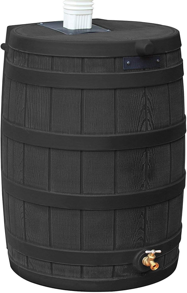 Rain Wizard 50 Gallon Water Collection Barrel & Soaker Hose | Black - Plastic Rain Barrel with Faux Wood Design