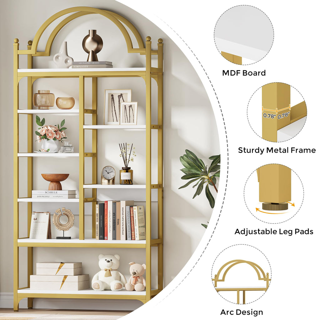 8-Tier Gold Arched Bookshelf, White, Set of 2