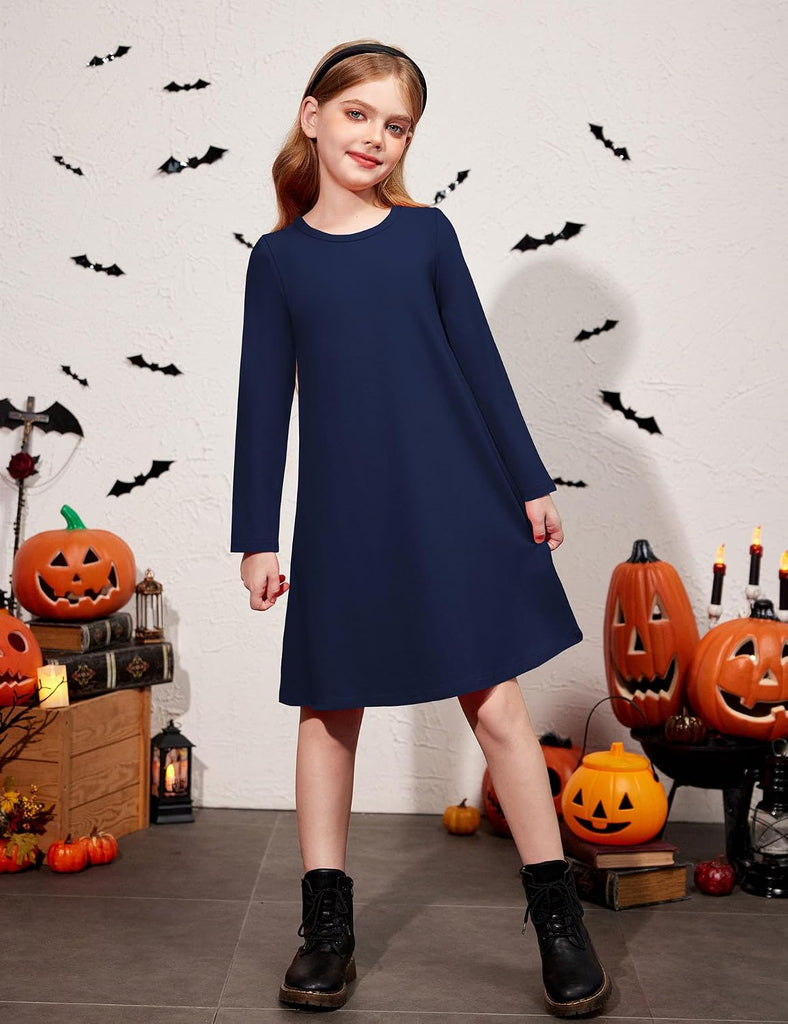 Girls Dress Kids Long Sleeve Solid Color Casual T-Shirt Dress