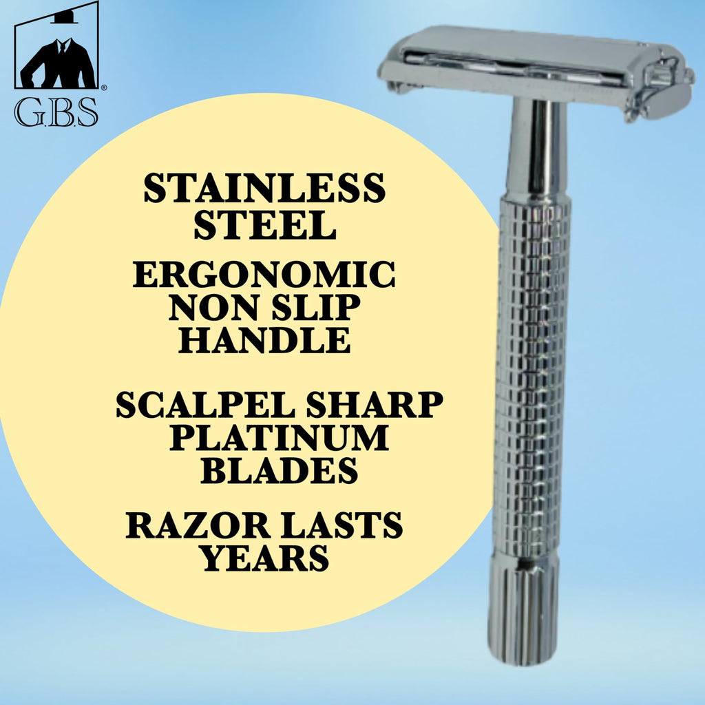 Shaving Gift Set, Long Handle Double Edge Safety Razor, Alum Aftershave Block, Chrome Bowl with Natural Shave Soap