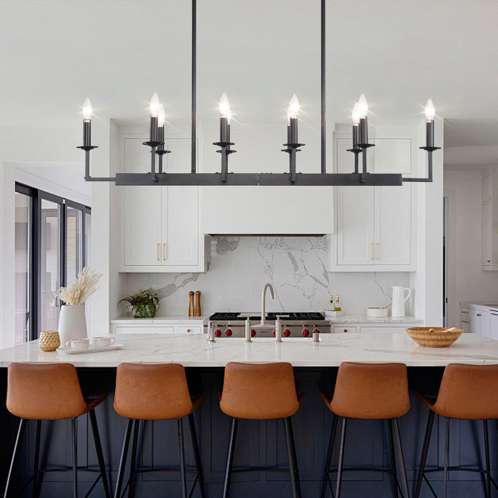 Rustic Black Linear Chandelier,Extra Long Candle Chandelier,Black Light Fixture Living Room Kitchen Island