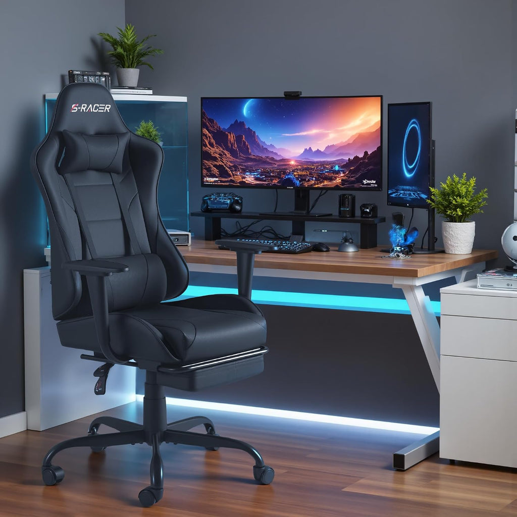 Gaming Chairs, Computer Chair with Footrest and Massage Lumbar Support, Height Adjustable Game Chair with Headrest
