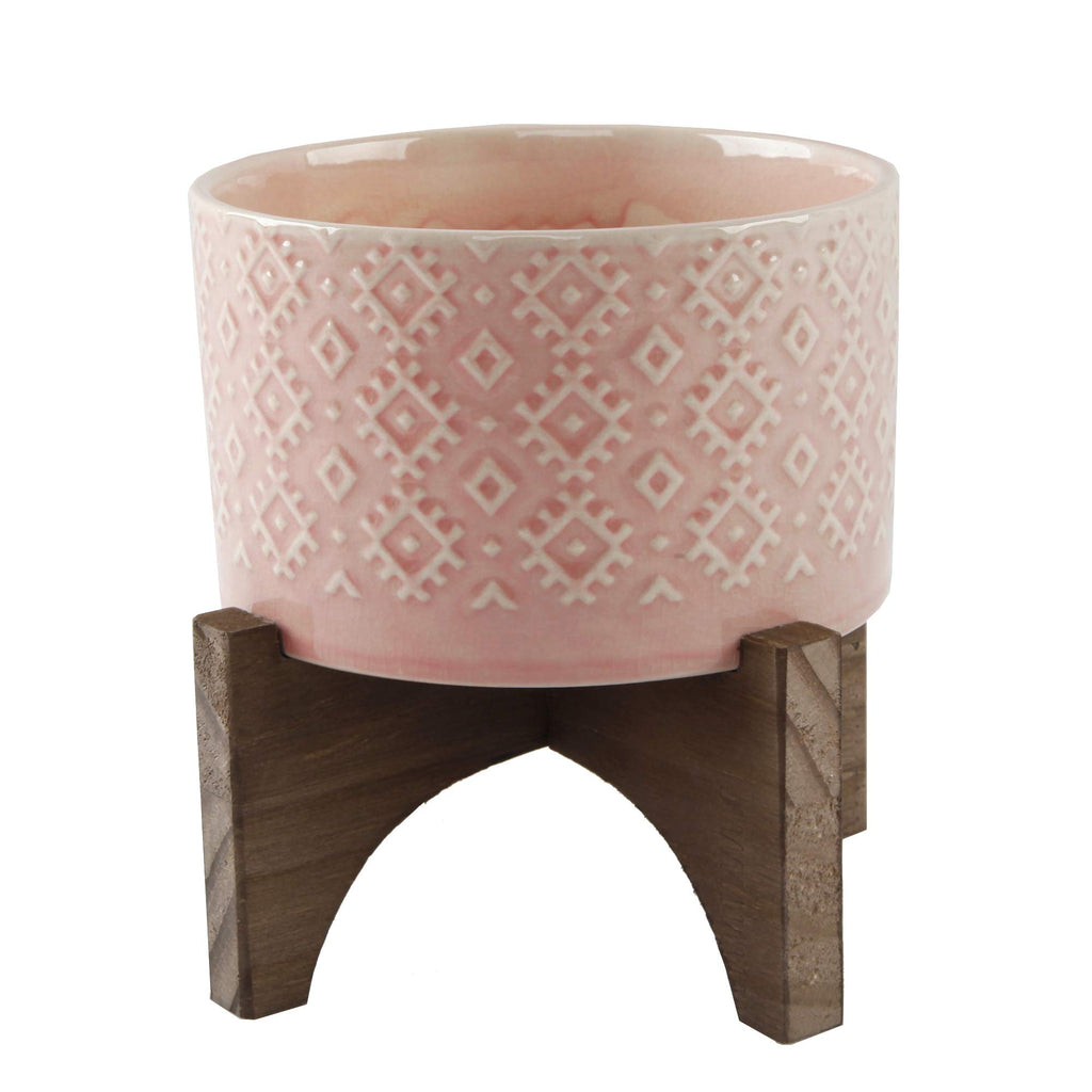 Mid Century 5 inch India Ceramic Planter on Wood Stand, Glass Pink